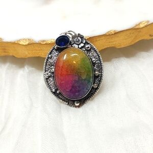 Large solar quartz oval shaped pendant sterling silver blue accent stone